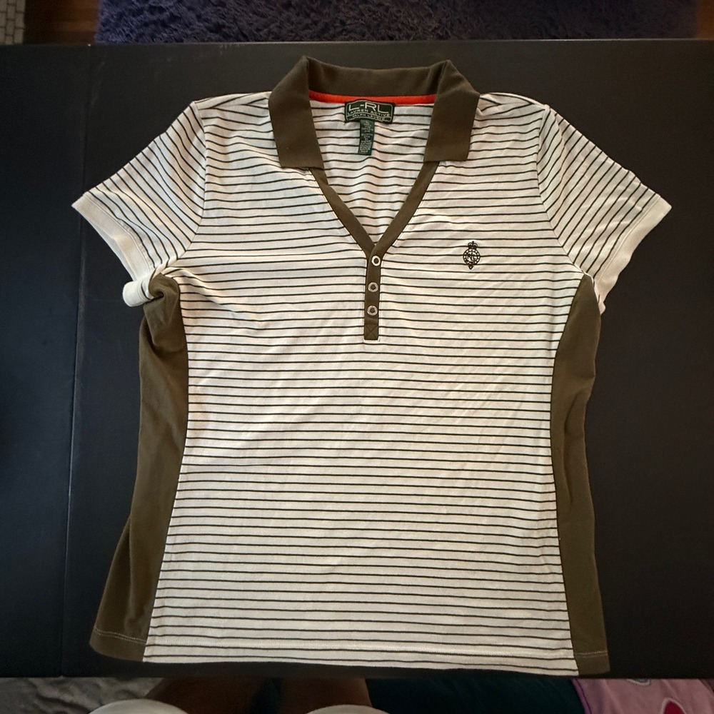 Lauren Active Ralph Lauren Womens XL Green White Striped V-Neck Polo Shirt